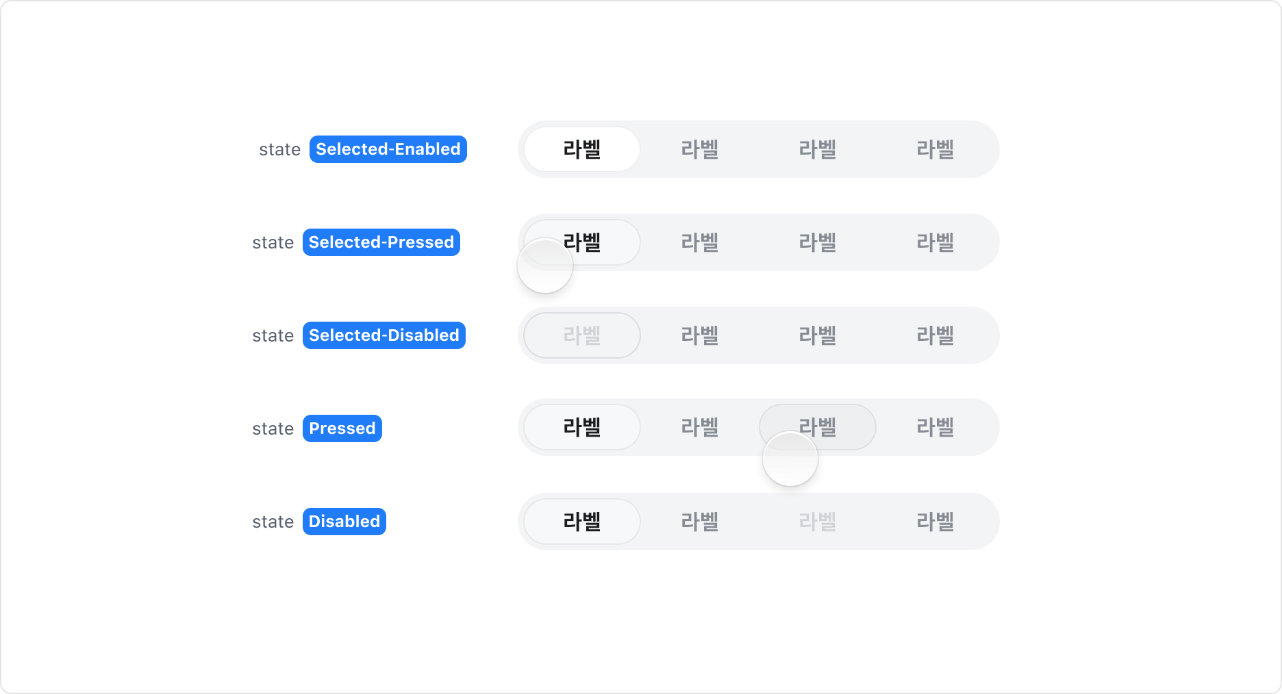 Segmented Control의 State - Selected-Enabled, Selected-Pressed, Pressed, Disabled, Selected-Disabled