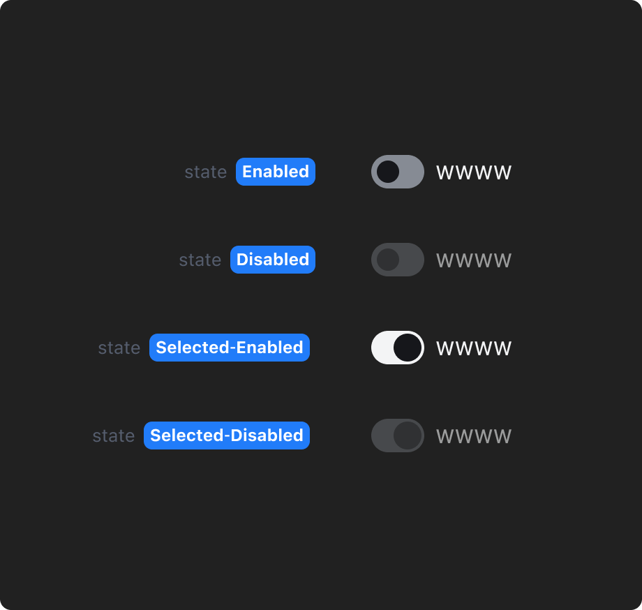 Switch의 State - Selected, Unselected, Enabled, Disabled (다크 모드)