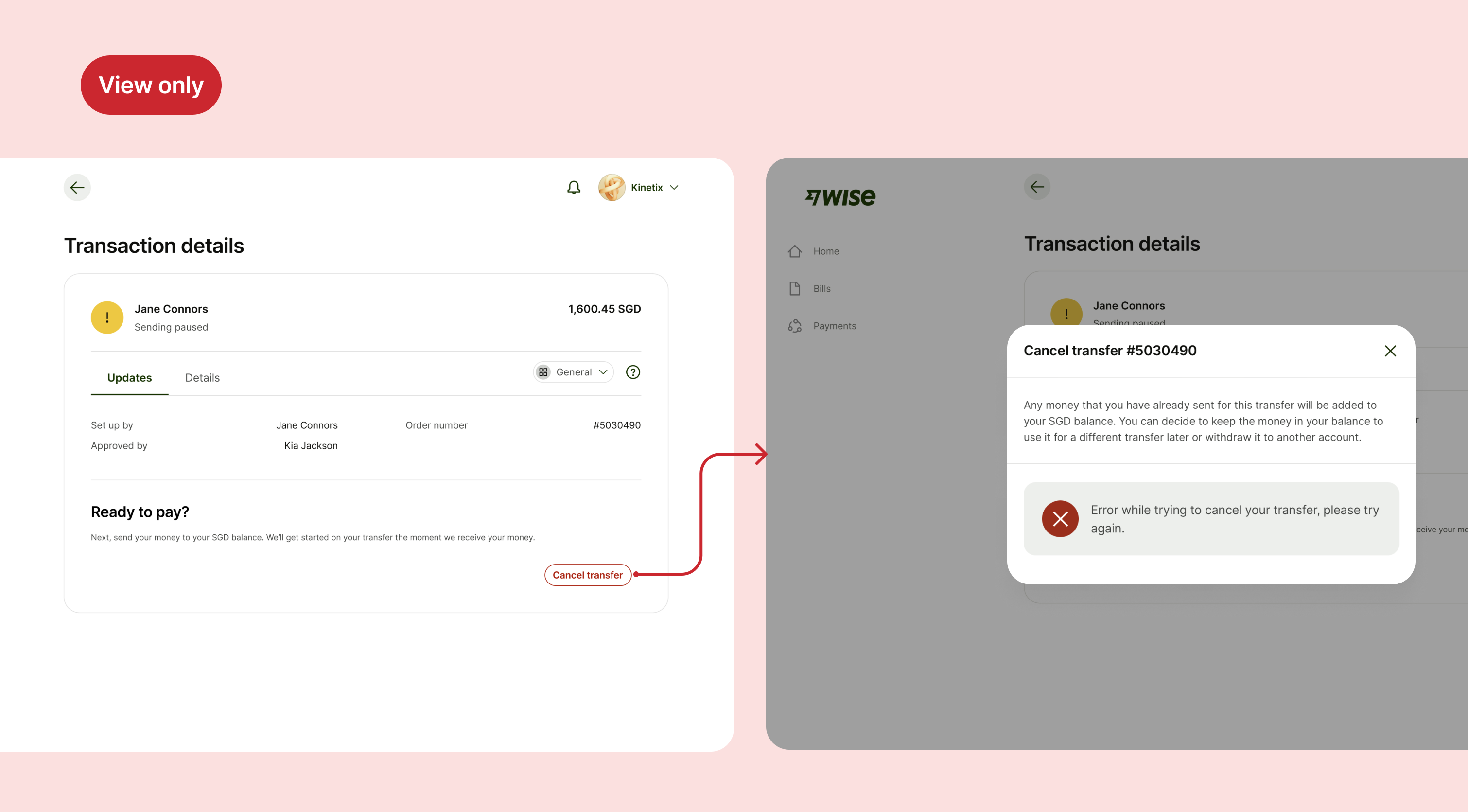 When MUA use cases were not considered users with view only access could see cancel transfer CTA which then lead them to an error