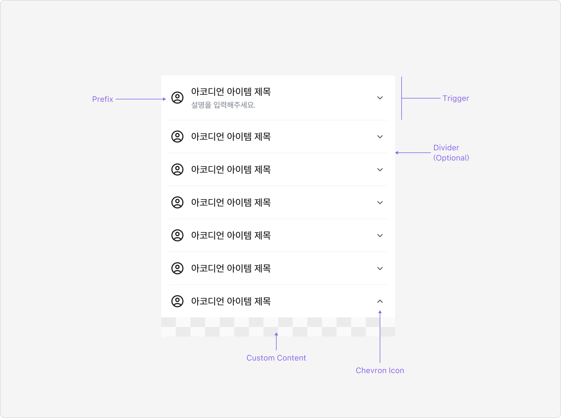 Accordion의 Anatomy 이미지. Trigger(Prefix, Title, Description, Chevron Icon)와 확장 시 Custom Content로 구성됩니다.