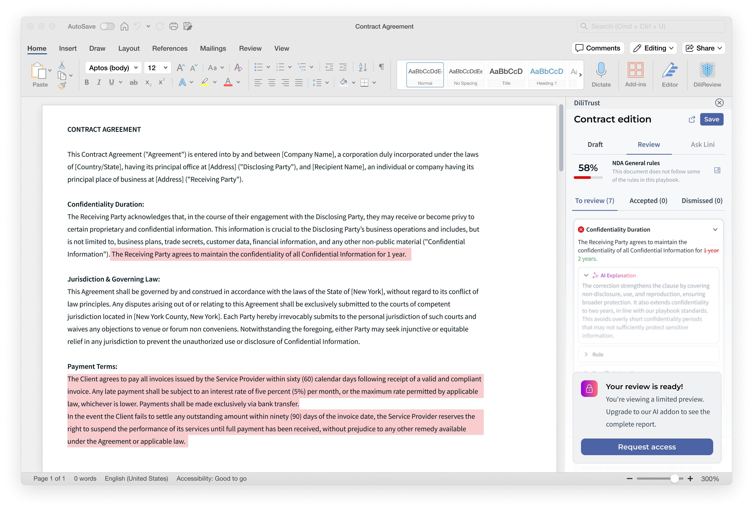 Risk Detector limited preview inside the DiliTrust add-in panel