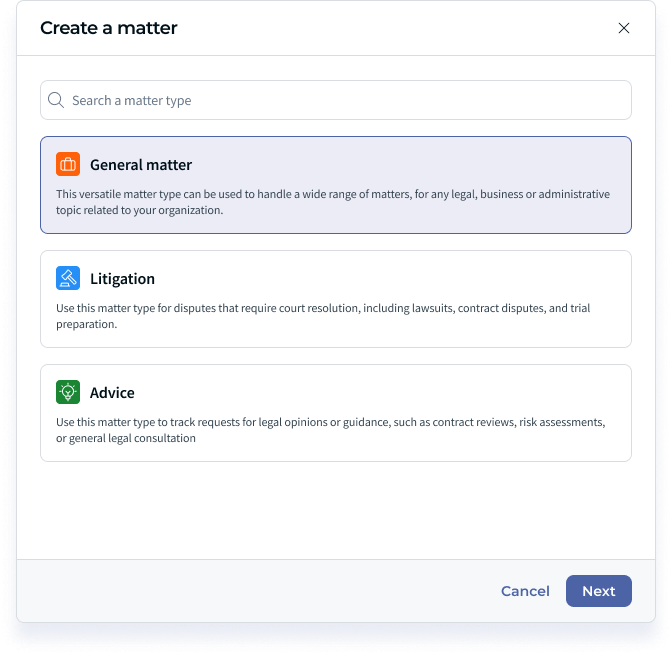 Create a matter window showing the Search a matter type field and the General matter, Litigation and Advice cards