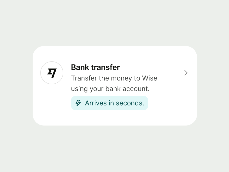 Payment card with a proposition inline prompt and lightning icon stating "Arrives in seconds."