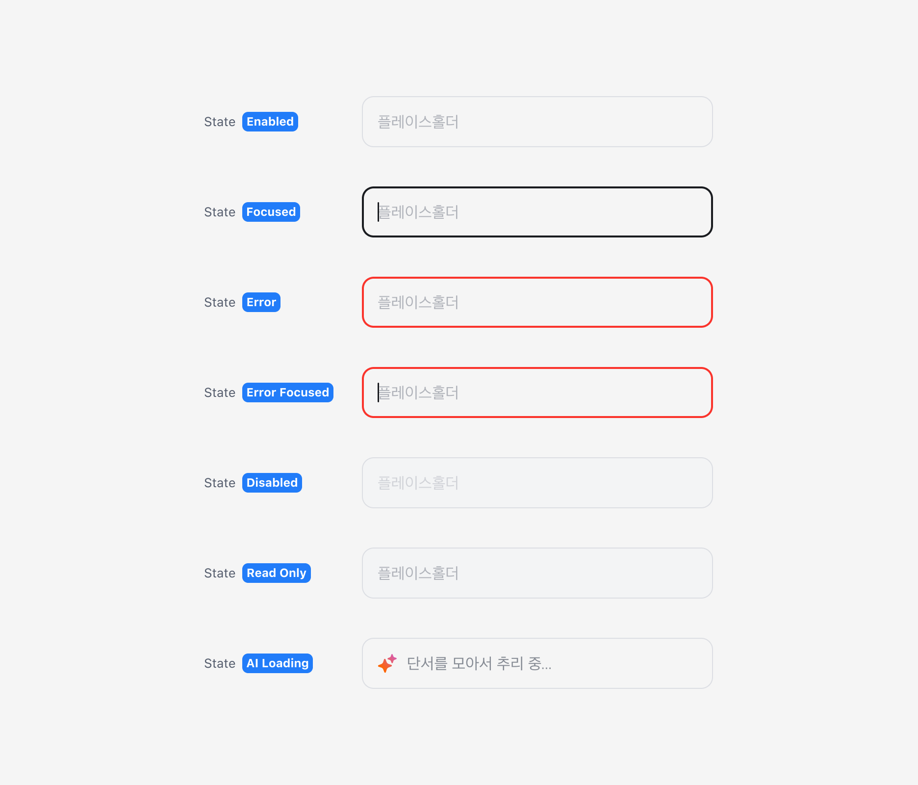 Text Input의 State - Enabled, Focused, Error, Error Focused, Disabled, Read Only, AI Loading