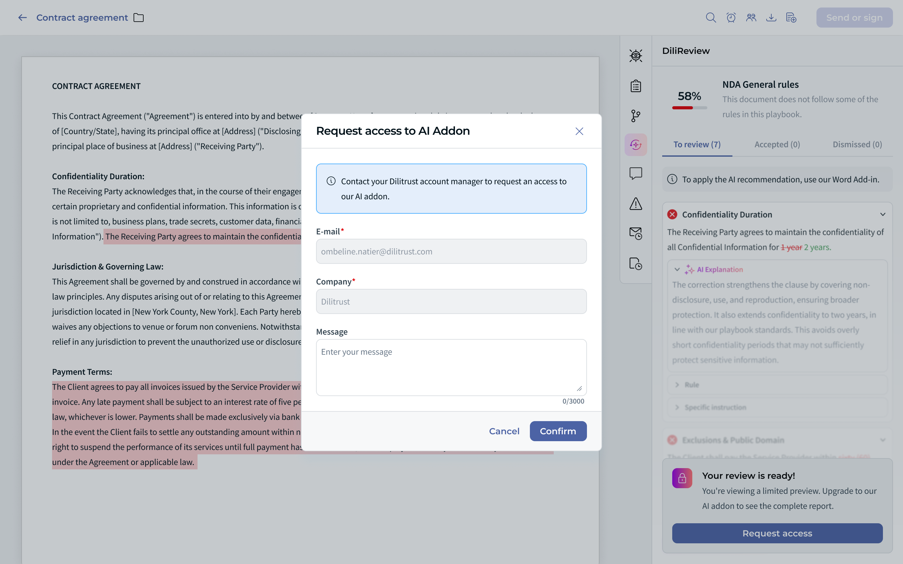 Risk Detector limited preview in CLM: one blurred suggestion with a Request access button