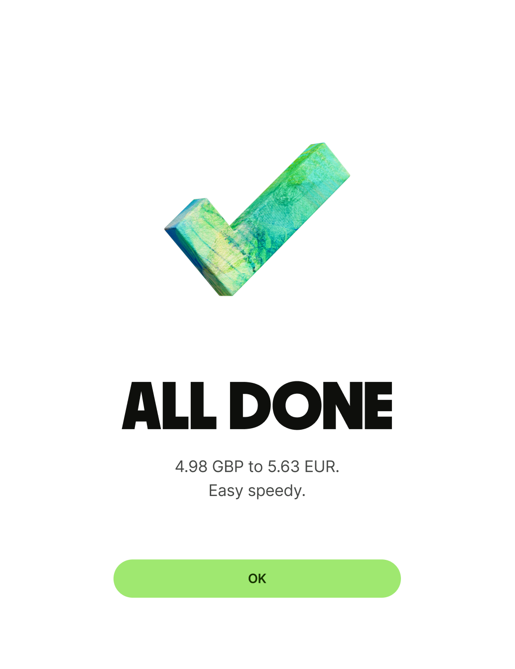 A success screen telling the user they've converted money from GBP to EUR.