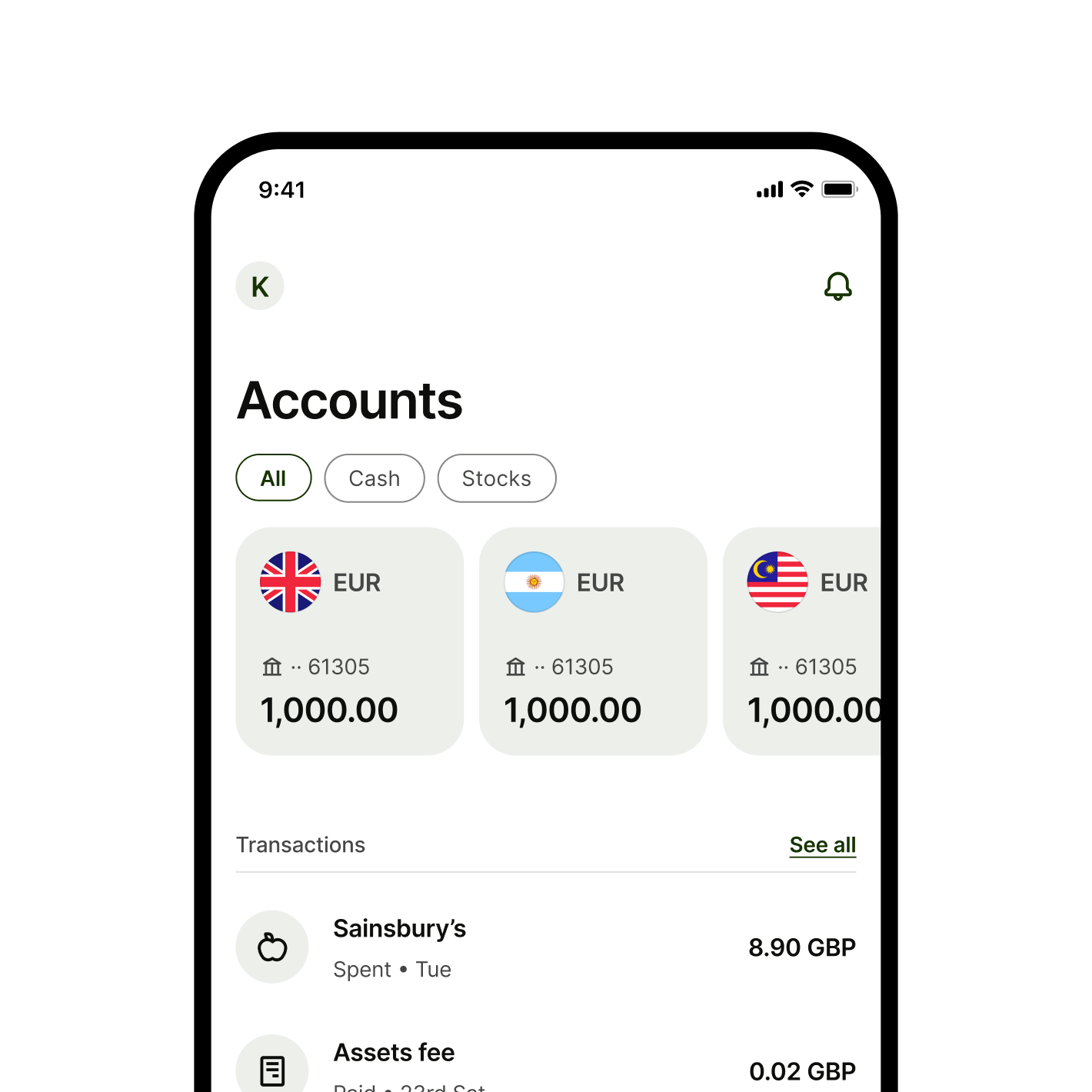 The homepage UI of the Wise app.