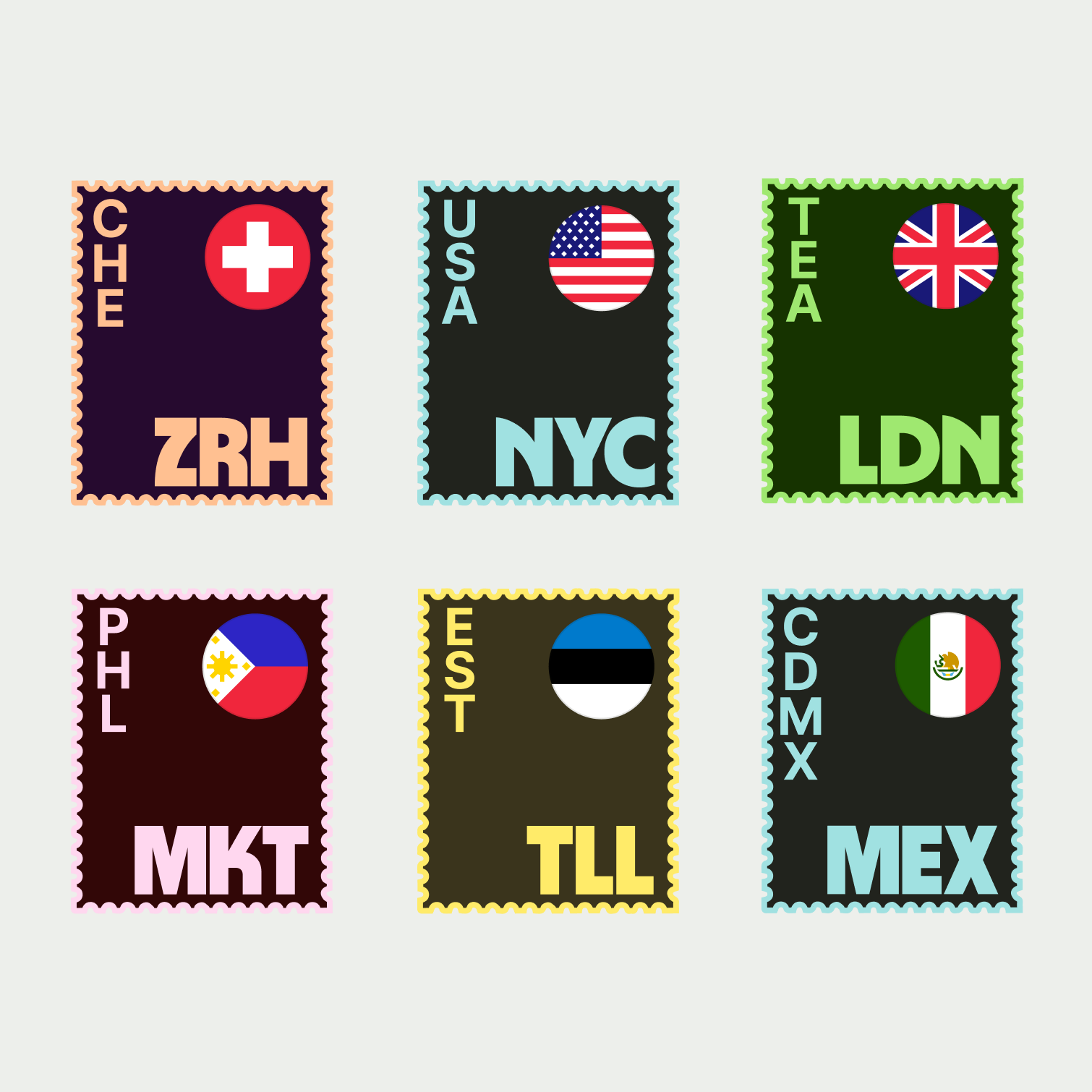 A grid of patches design for different Wise offices.