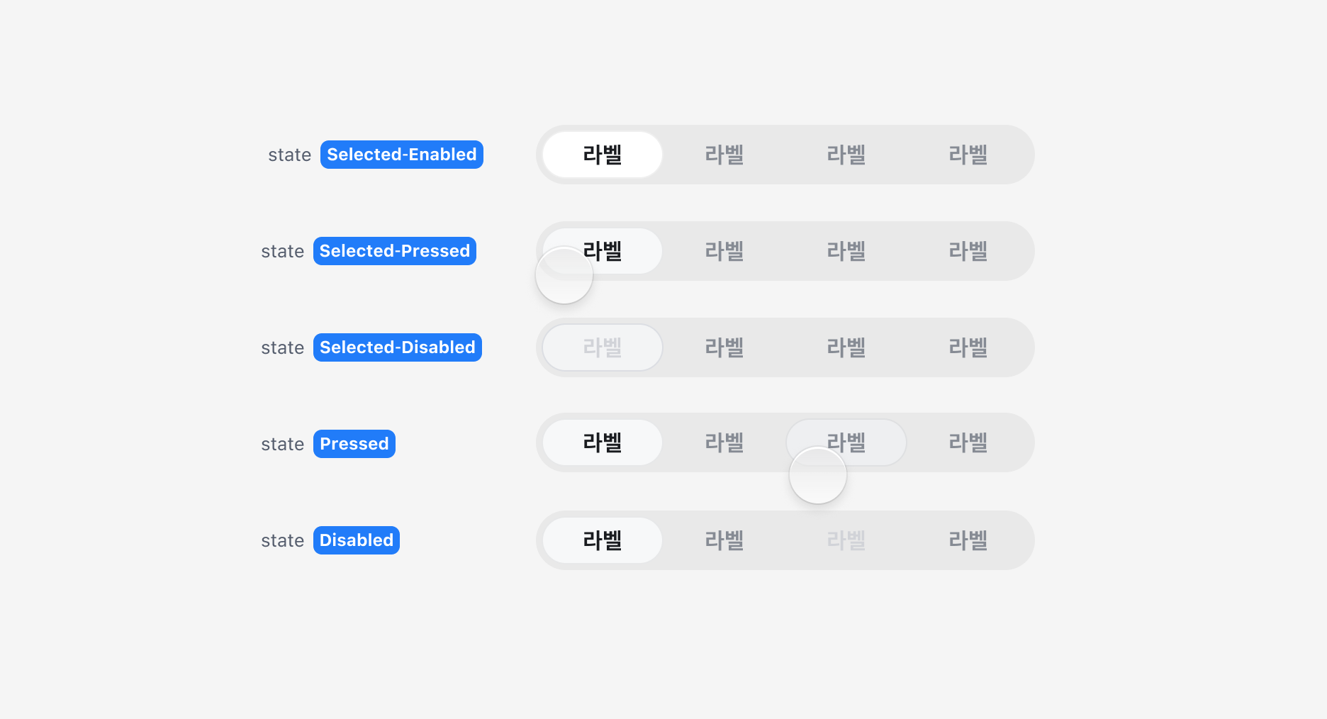 Segmented Control의 State - Selected-Enabled, Selected-Pressed, Pressed, Disabled, Selected-Disabled