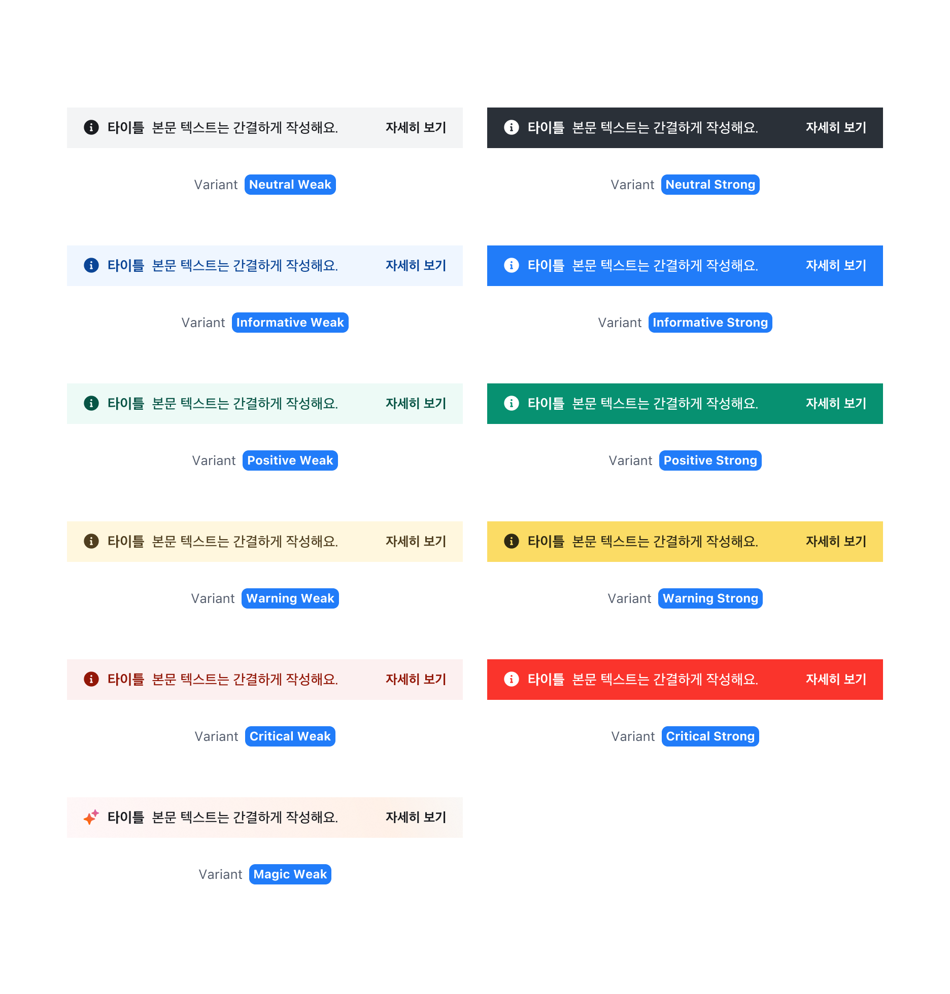 Page Banner의 Variant 및 Tone - Neutral, Informative, Positive, Warning, Critical, Magic Tone과 Weak, Solid Variant