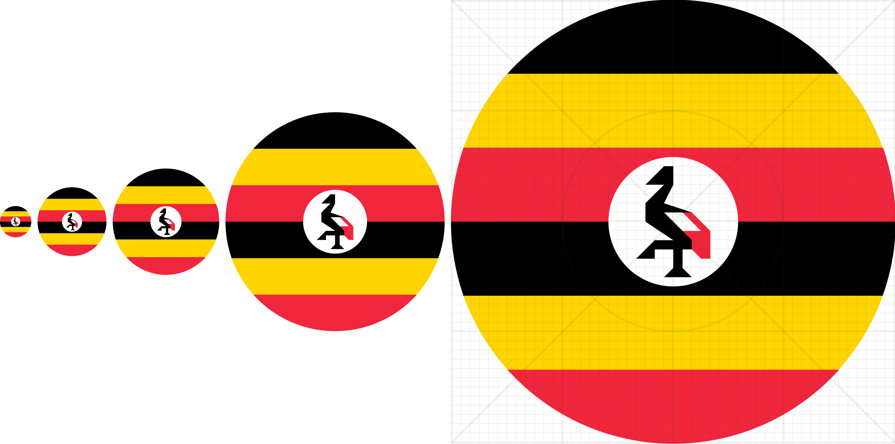 The Uganda flag, increasing in size from left to right.