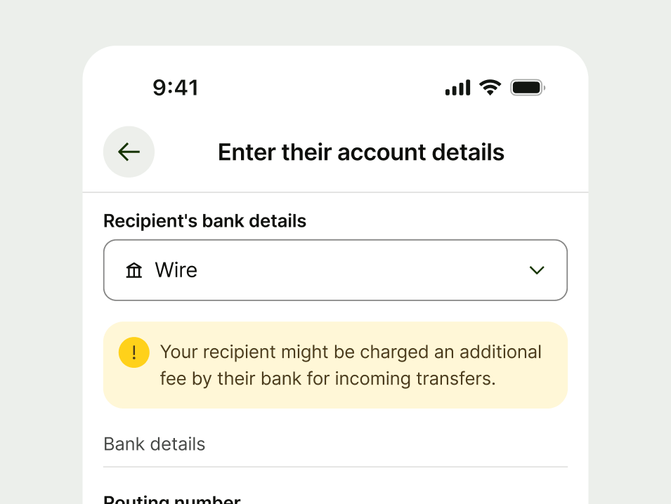 Warning info prompt within a recipient form.