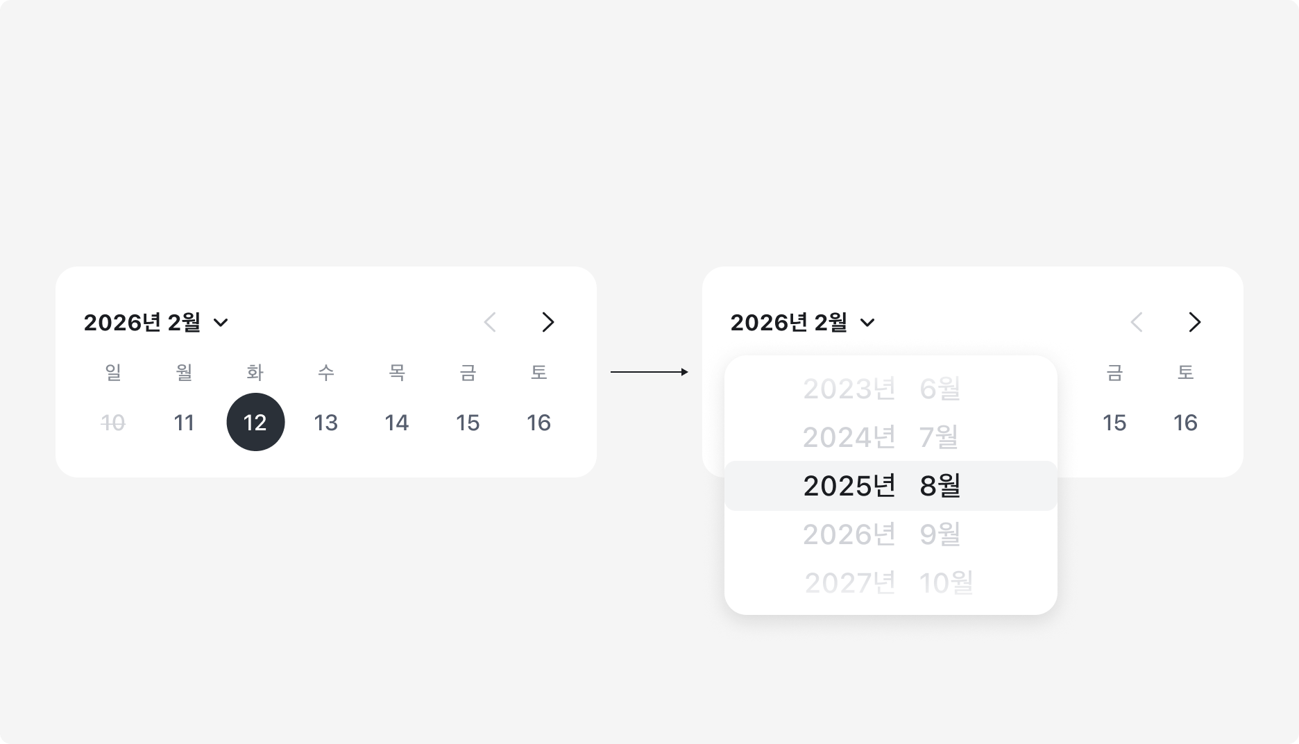 Visible Range가 Week일 때 월·연도 picker가 monthYearLabel에 anchor된 popover로 떠오르는 닫힘·열림 비교
