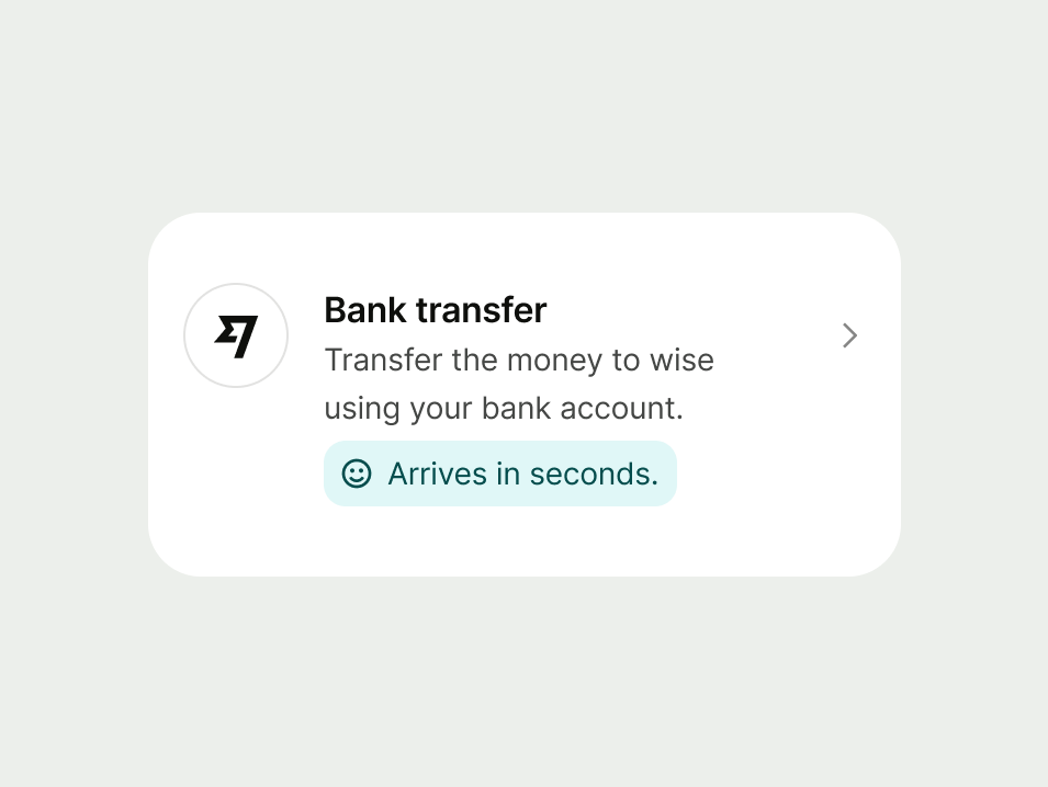 Payment card with a proposition inline prompt and smiley icon stating "Arrives in seconds."