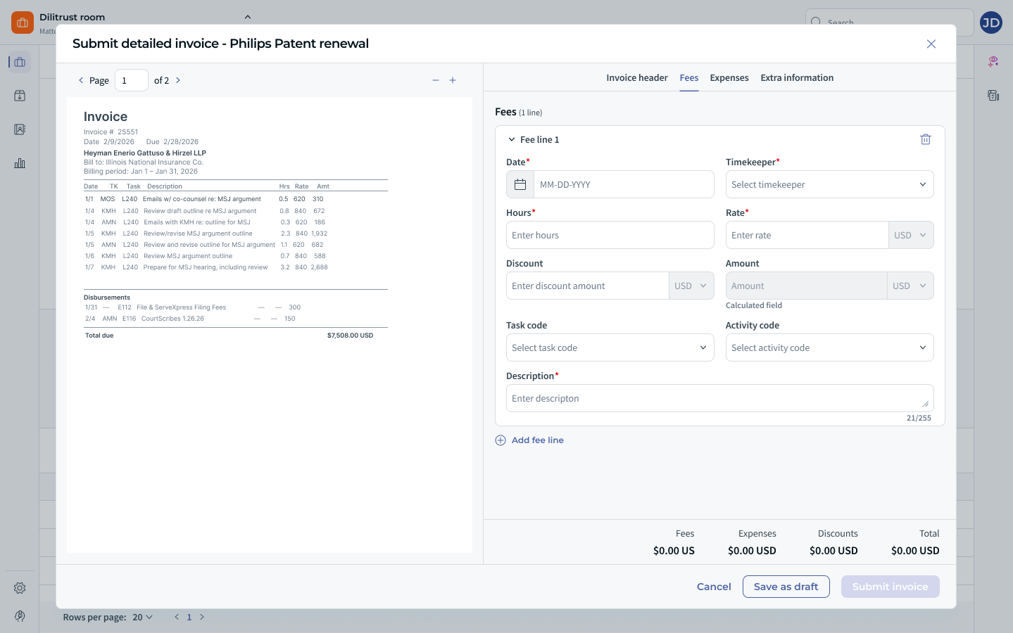 Design mockup of the Fees section of the detailed invoice window, showing a completed fee line