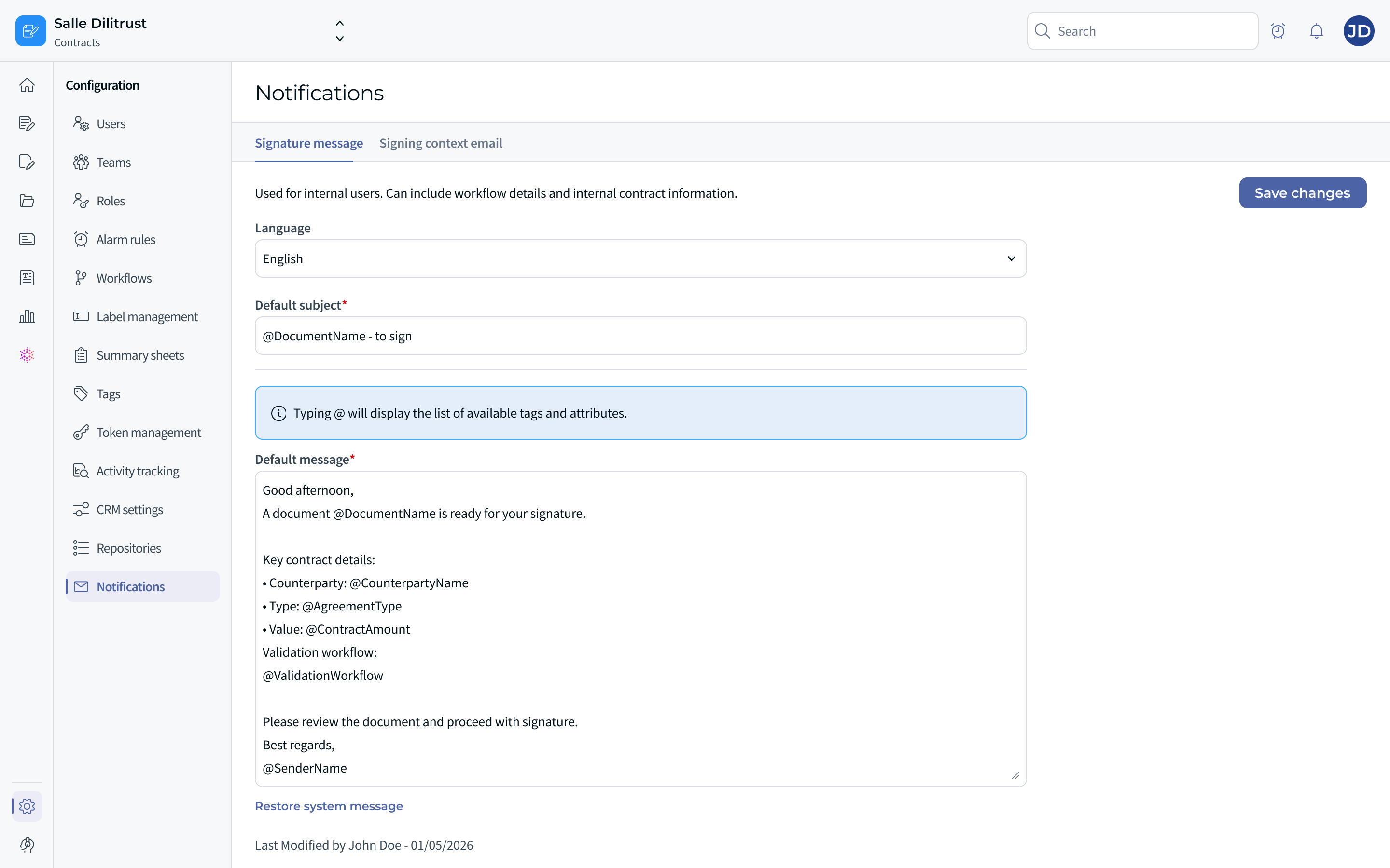 Contracts configuration, Notifications, Signature message tab with the Language, Default subject and Default message fields