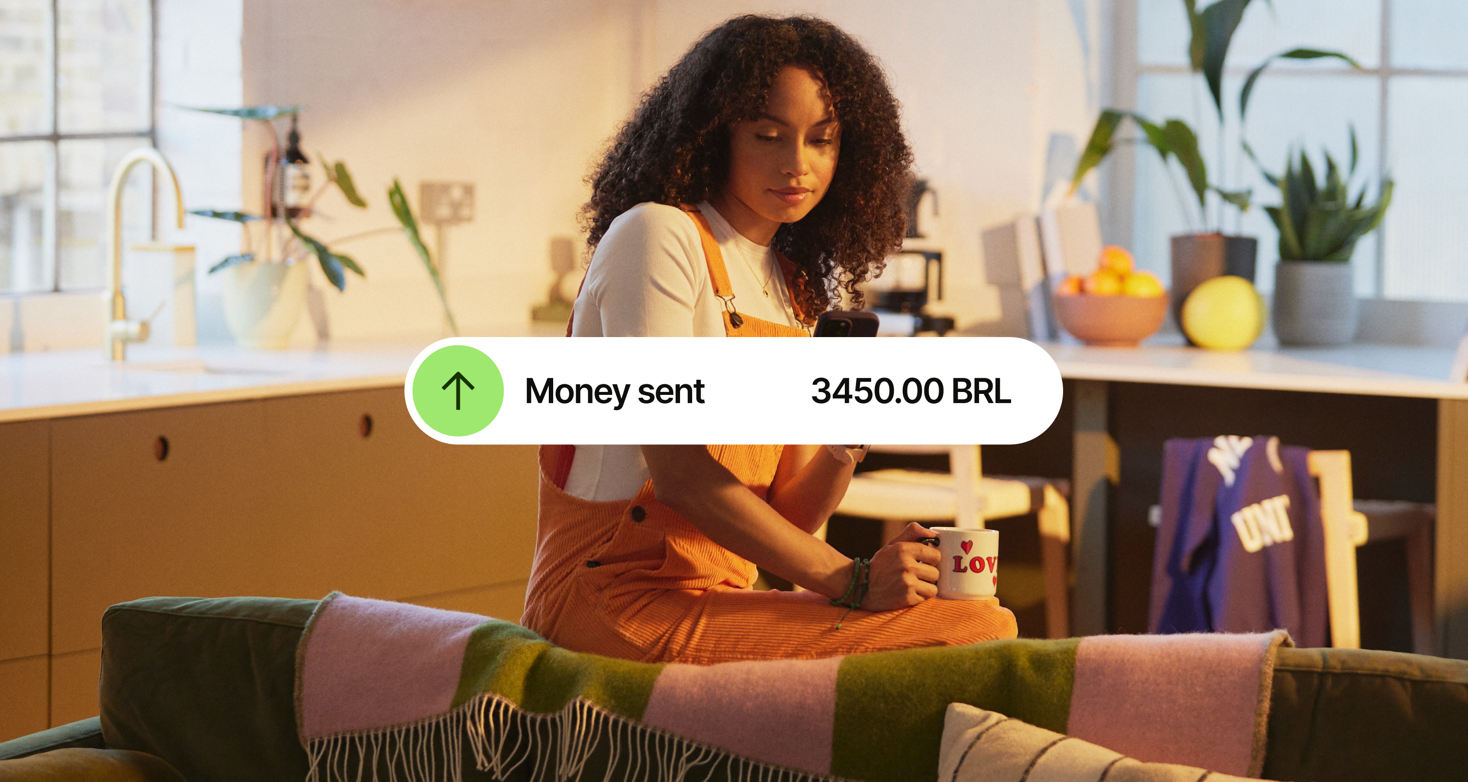 Expressive UI of Send Money in a Activity Option Component against a background image of a lady sending money though her phone.