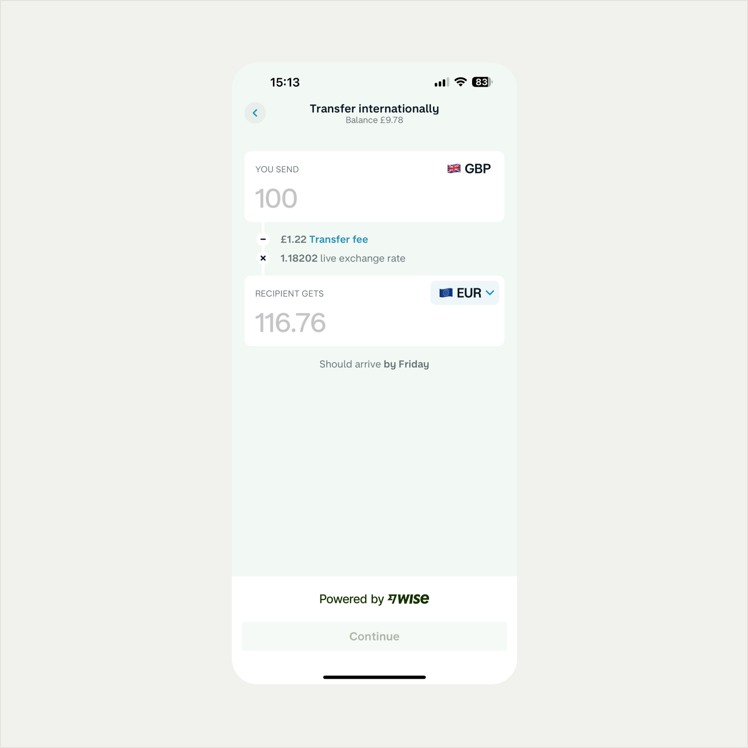 Powered by Wise lockup applied on a partner UI