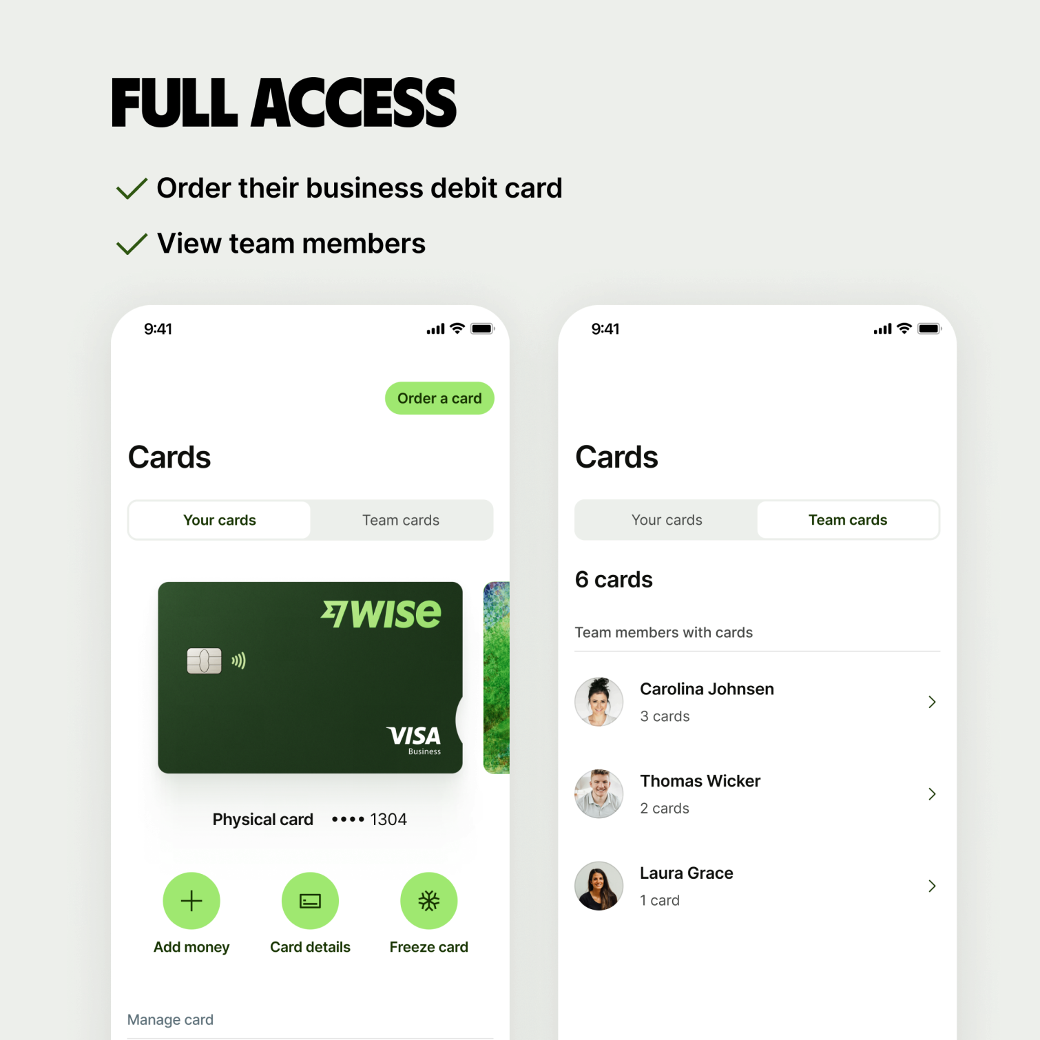 Cards tab for users with full access shows your cards section and team card section