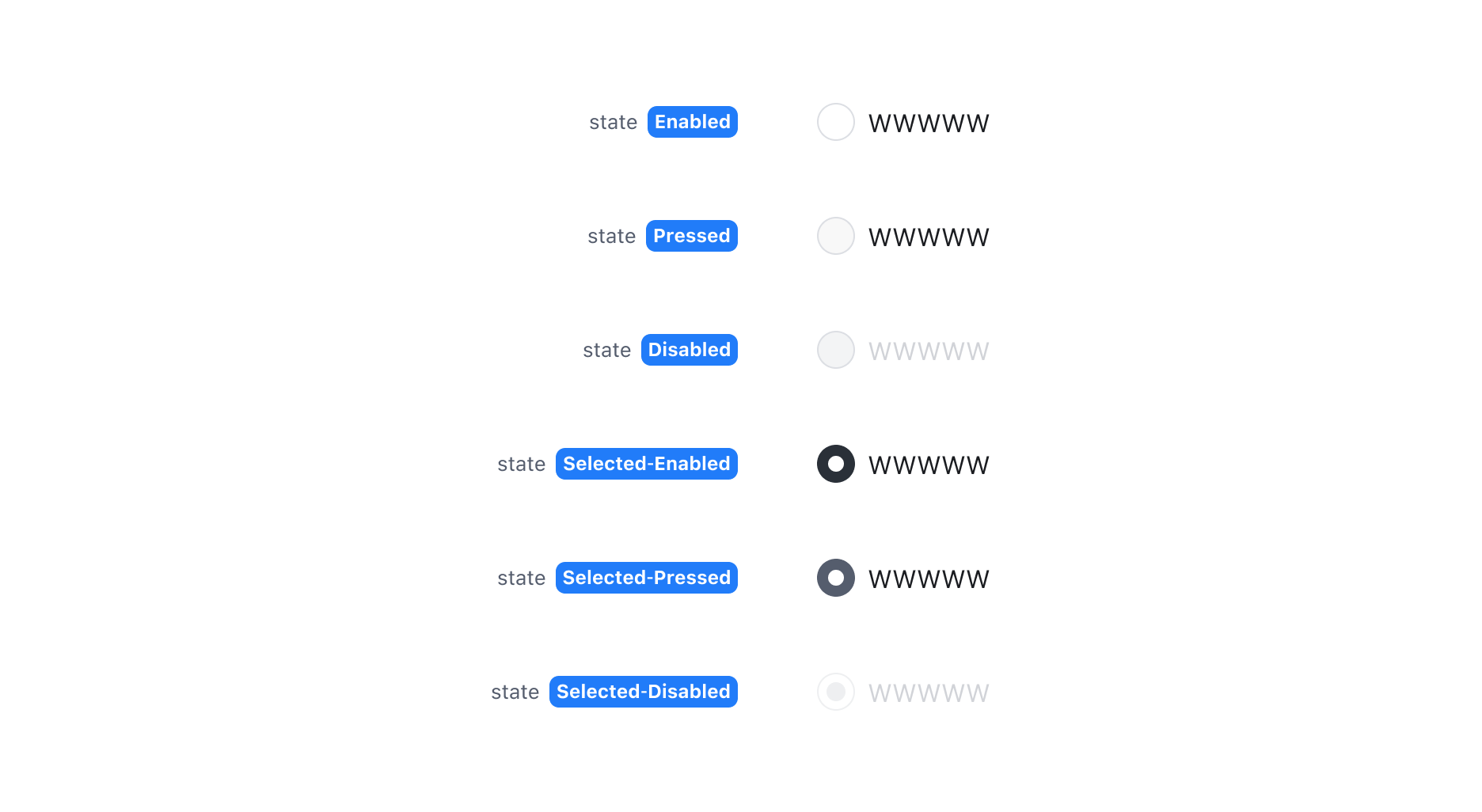 Radio의 State - Enabled, Pressed, Disabled, Selected-Enabled, Selected-Pressed, Selected-Disabled
