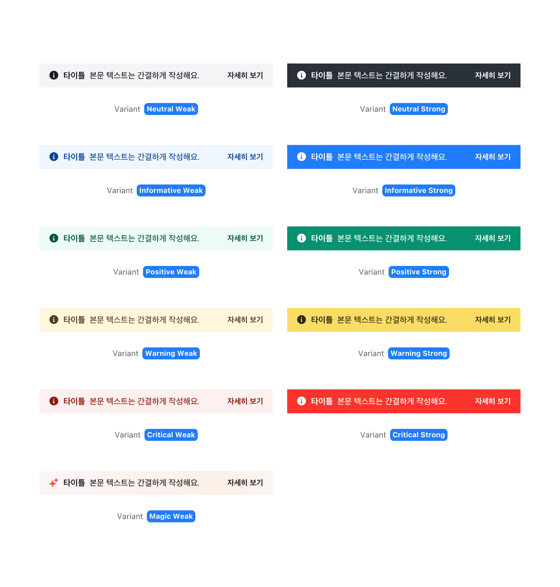 Page Banner의 Variant 및 Tone - Neutral, Informative, Positive, Warning, Critical, Magic Tone과 Weak, Solid Variant