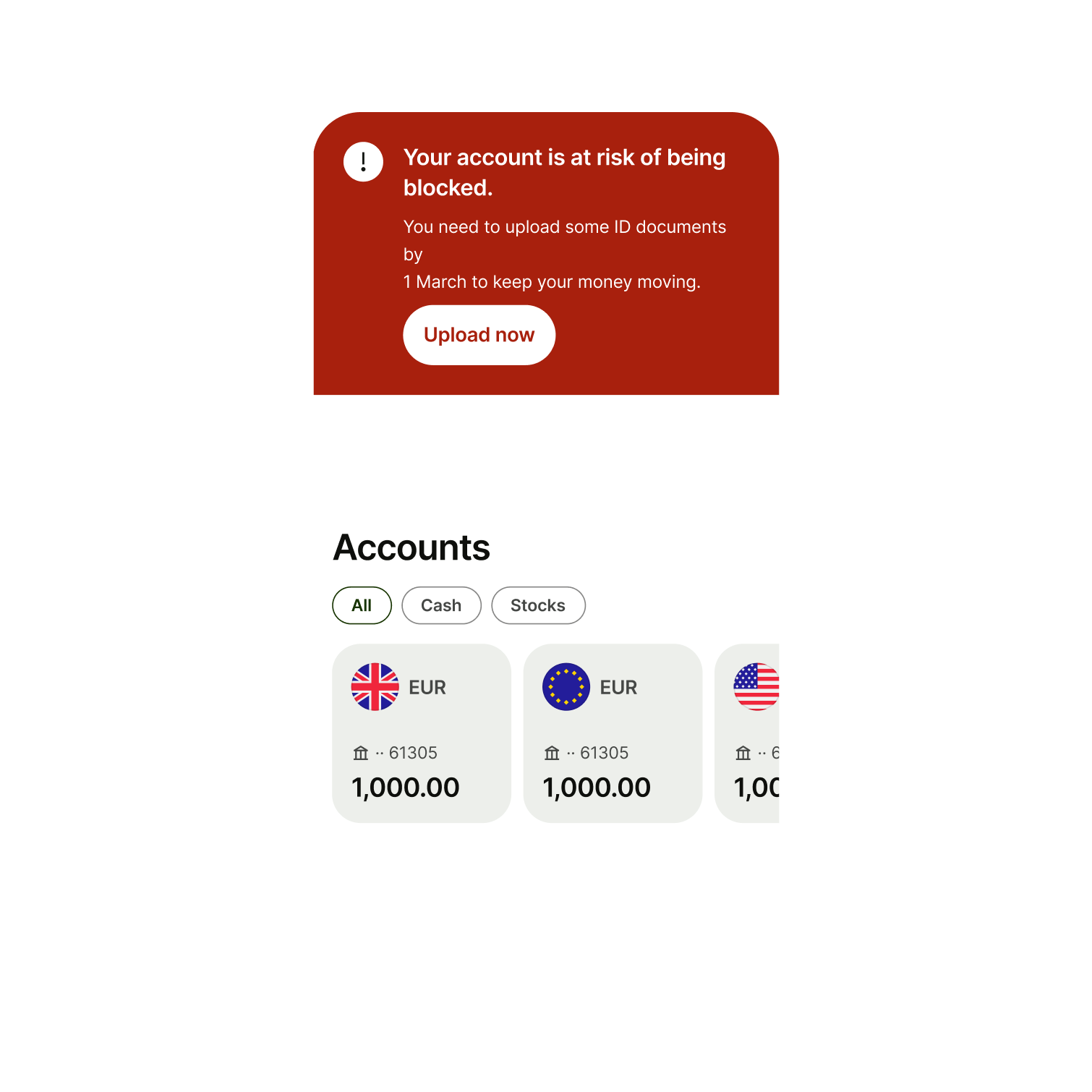 A critical banner which reads "We’ve temporarily blocked your account".