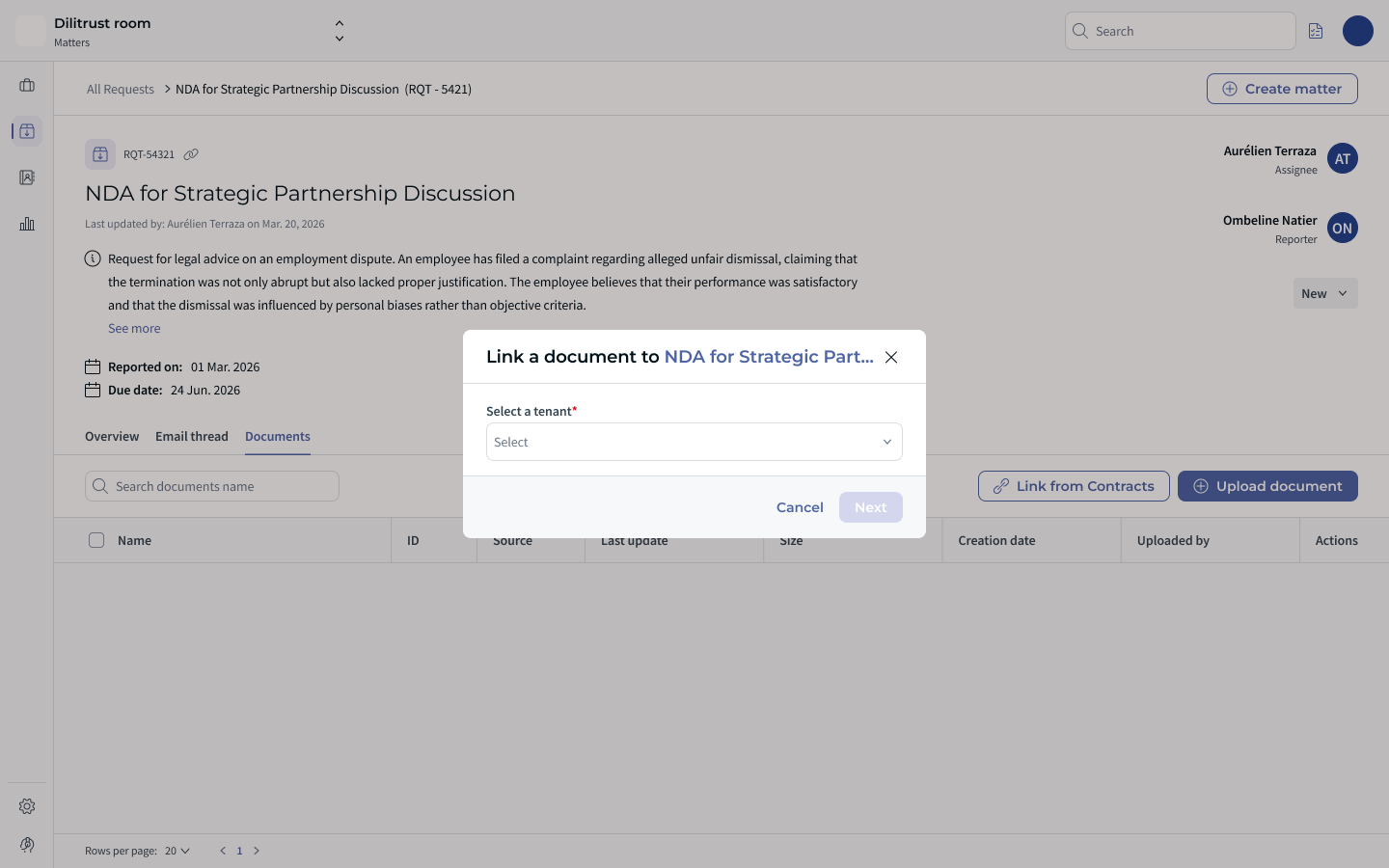 Link a document to the request: selecting the Contracts tenant before browsing and choosing documents