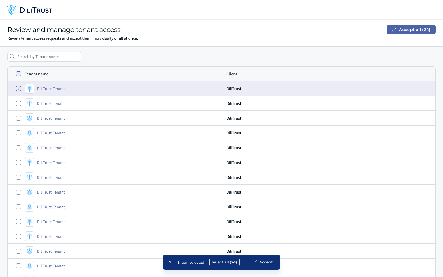 Page listing the rooms waiting for approval, with a search bar and an Accept all button