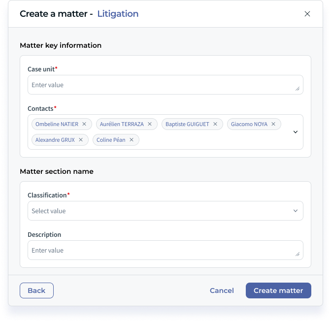 Matter key information step of the Create a matter window, with one field per line and the Create matter button