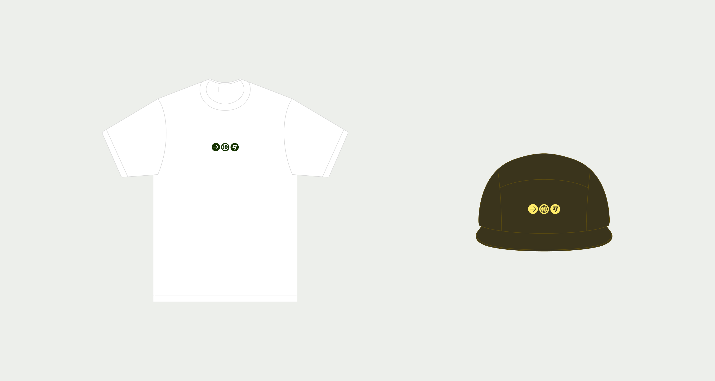 A white t-shirt and brown cap showcasing little descriptive icons in the front.