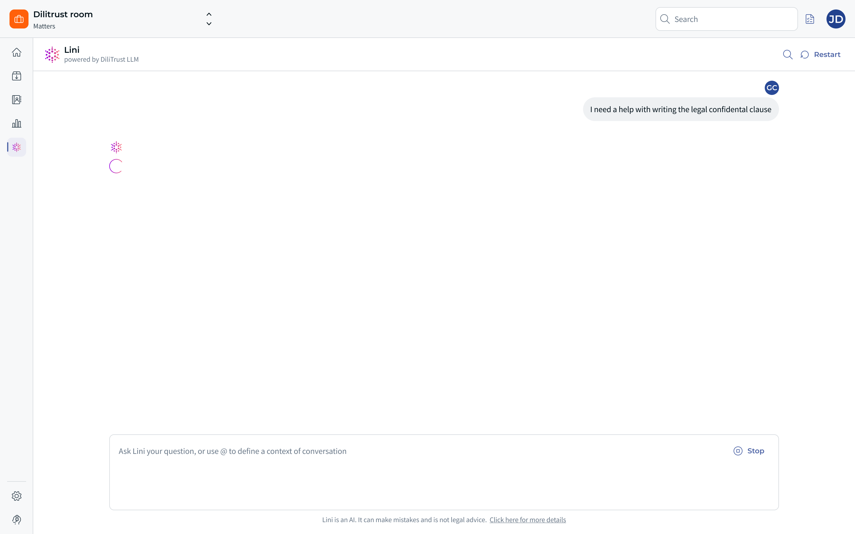 LINI generating an answer in the Matter Management full-screen chat