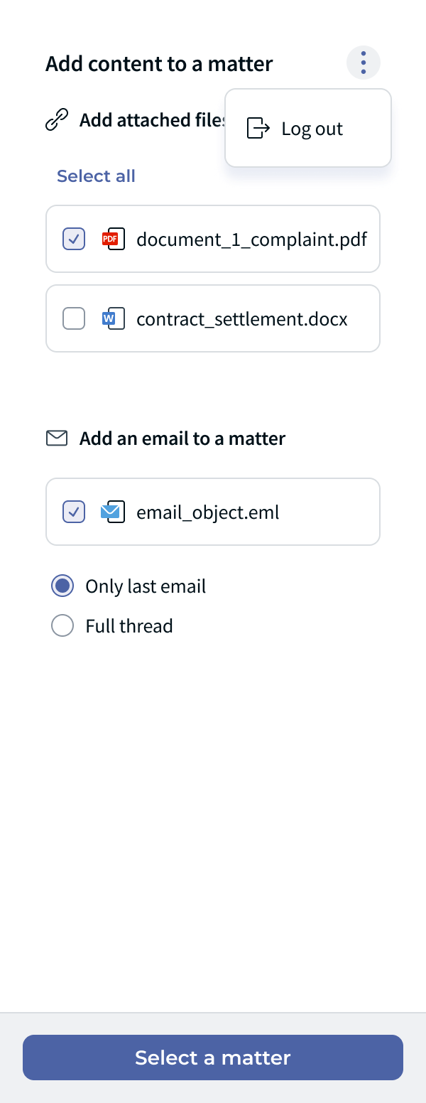 Add content to a matter screen showing attachment checkboxes, Select all, and the Only last email / Full thread options