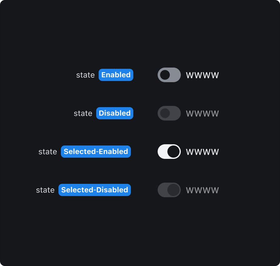 Switch의 State - Selected, Unselected, Enabled, Disabled (다크 모드)