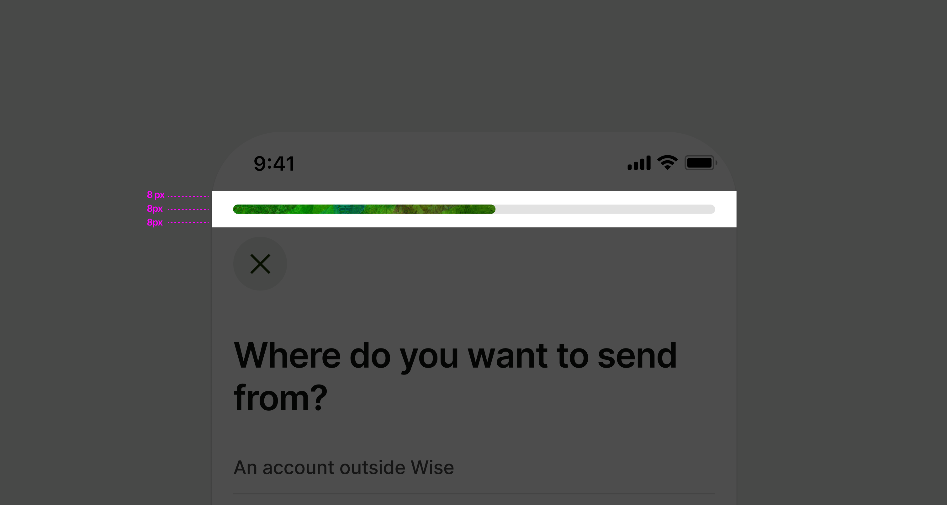 Progress bar with sizing specifications.