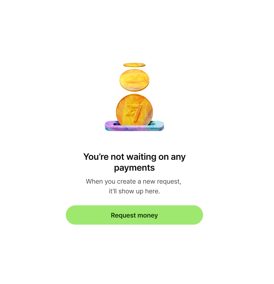 Empty state pattern with 'Request money' as primary button