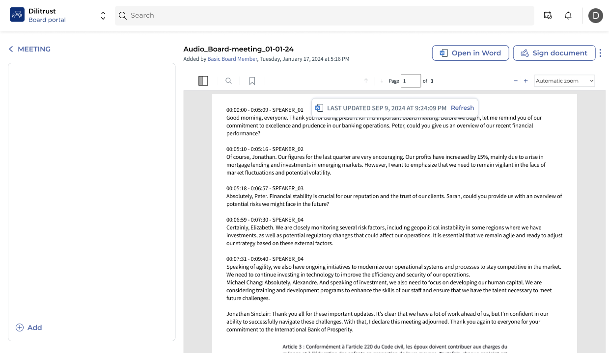 Board Portal document view in a meeting showing the Open in Word button next to Sign document